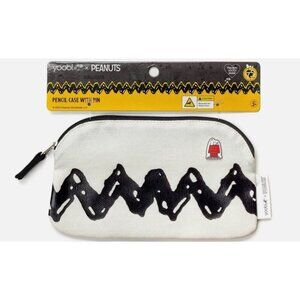 Yoobi Peanuts Pencil Pouch With Snoopy Pin Black Chevron Single Zip 8" x 4.9"